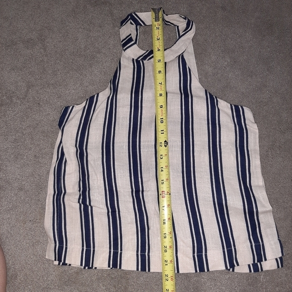 J.O.A. Taupe Navy Striped Swing Halter Tank Split Sides Cut Out Back - Picture 12 of 13